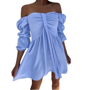 EASHERY Woman’s Off-Shoulder Light Blue Mini Dress with Puff Sleeves  Large